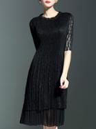 Shein Black Red Round Neck Half Sleeve Pleated Lace Dress