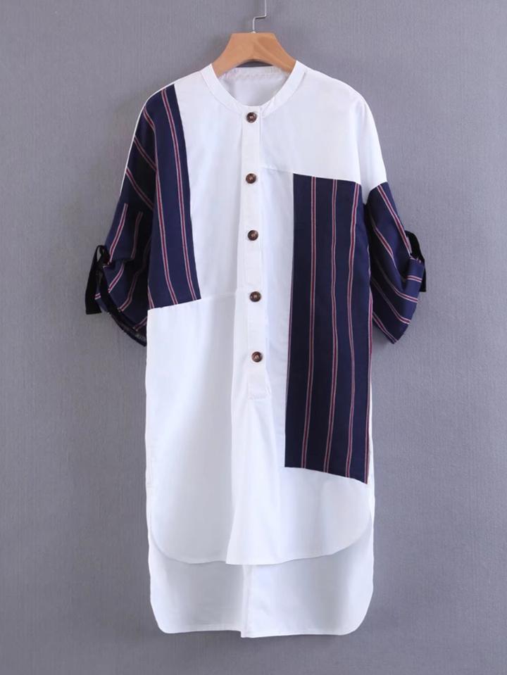 Shein 2 In 1 Striped Print Dip Hem Shirt Dress