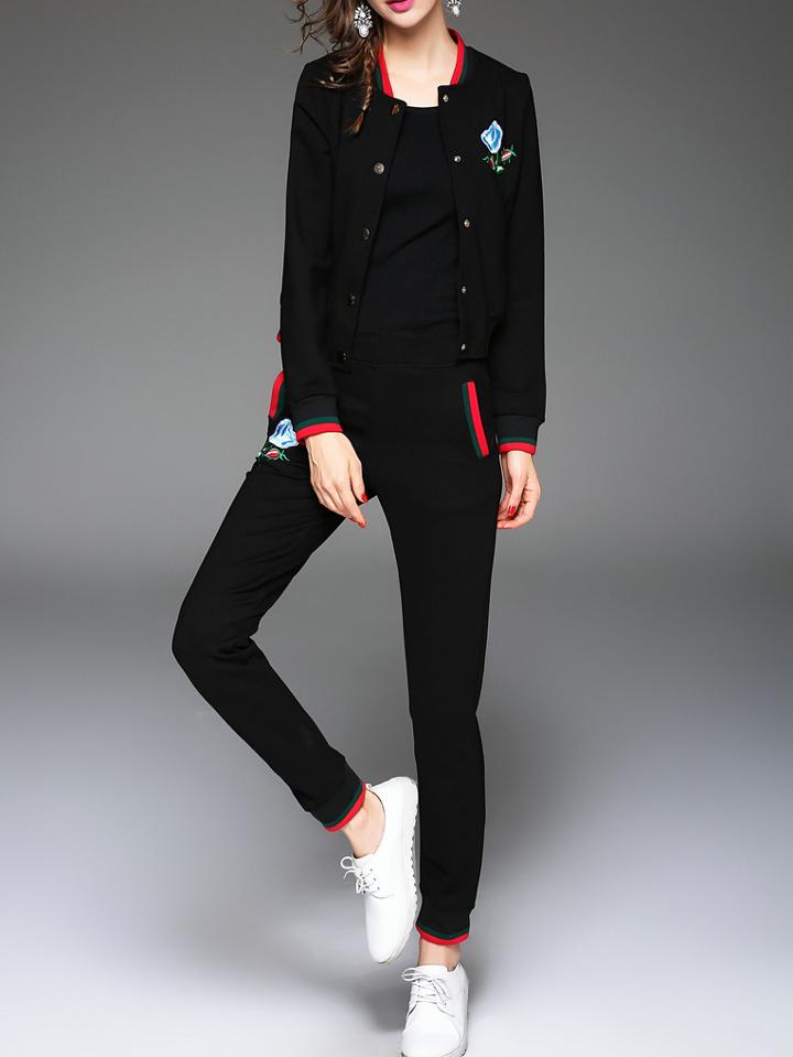 Shein Black Striped Embroidered Top With Pockets Pants