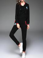 Shein Black Striped Embroidered Top With Pockets Pants