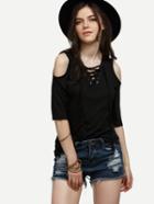 Shein Black Open Shoulder Lace-up T-shirt