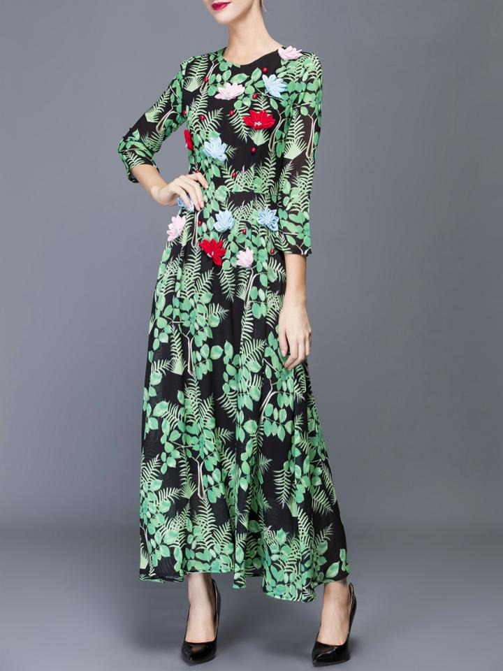 Shein Green Crew Neck Leaves Print Maxi Dress