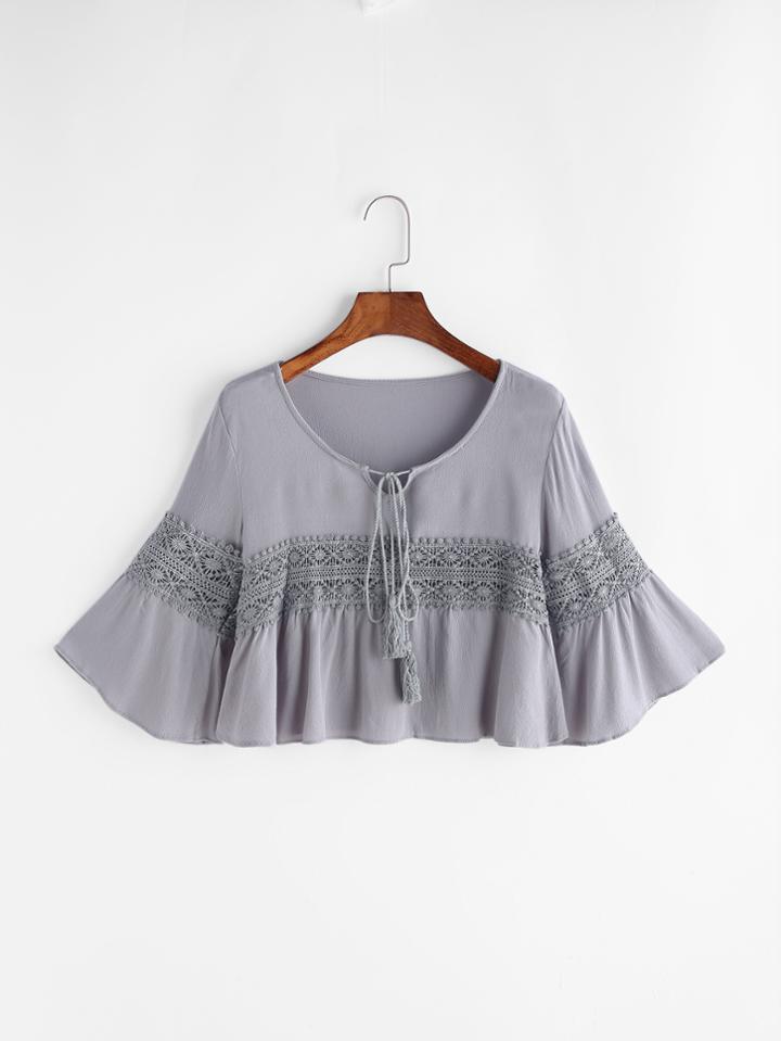 Shein Lace Panel Fluted Sleeve Crop Top