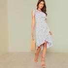 Shein Knot Asymmetric Shoulder Ditsy Wrap Dress