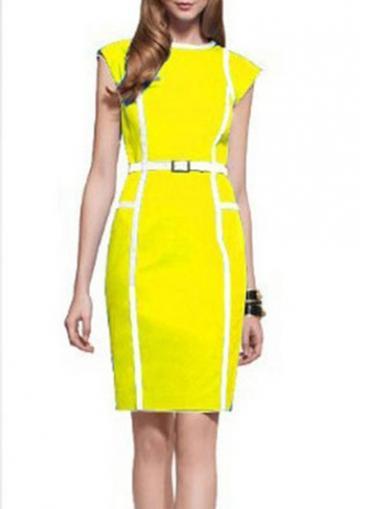 Rosewe Shiny Yellow And White Color Blocking Cap Sleeve Dress