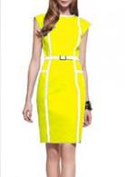 Rosewe Shiny Yellow And White Color Blocking Cap Sleeve Dress