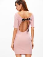 Shein Pink Scoop Neck Bow Tie Cutout Back Ribbed Bodycon Dress