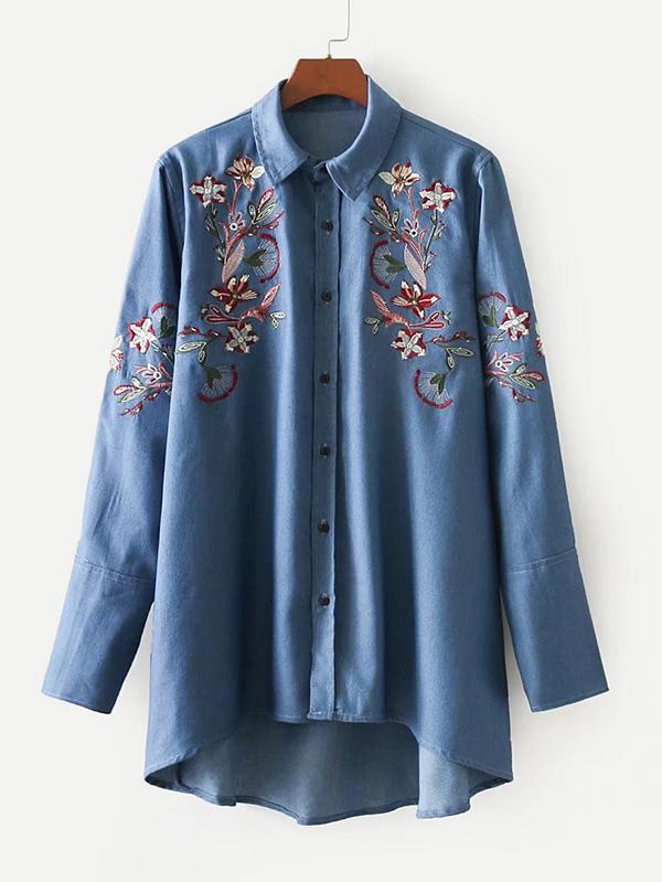 Shein Embroidery Dip Hem Denim Shirt