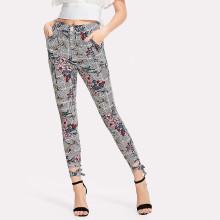 Shein Tie Up Leg Flower And Plaid Pants