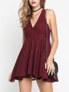 Shein Red V Neck Sleeveless Lace Pleated Dress