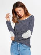 Shein Contrast Panel And Elbow Patch Striped Tee