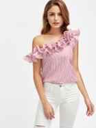Shein Lettuce Edge Frill Asymmetric Shoulder Striped Top