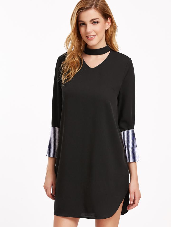 Shein Cut Out Choker Neck Contrast Cuff Curved Hem Dress