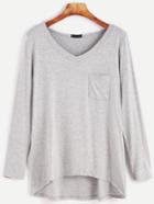 Shein Grey V Neck Dip Hem T-shirt With Pocket