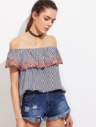 Shein Embroidered Flounce Off Shoulder Gingham Top