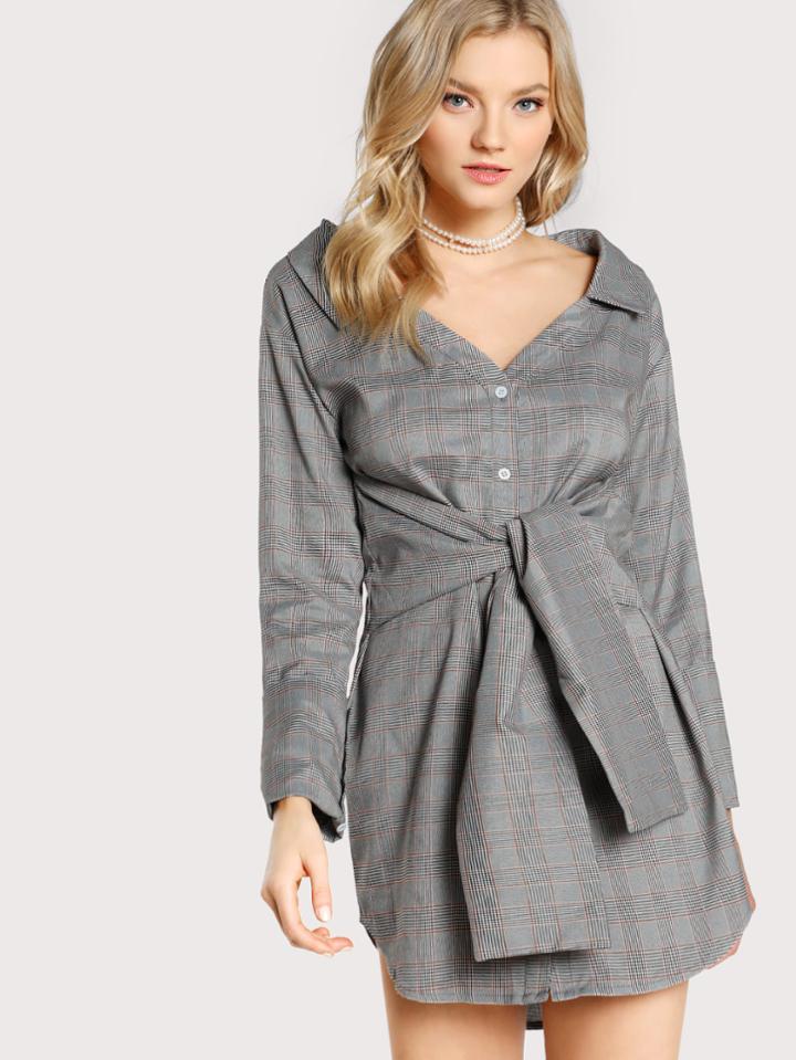 Shein Tie Waist Dolphin Hem Plaid Shirt Dress