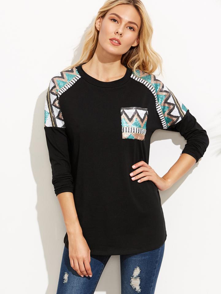 Shein Sequin Yoke Detail Dropped Shoulder Tee