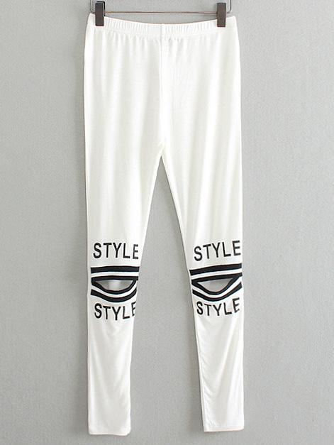 Shein White Elastic Waist Letters Print Hole Leggings