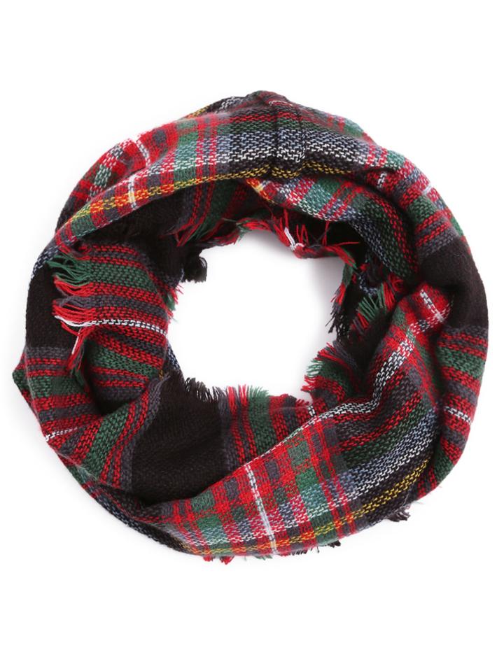 Shein Red Tone Colored Plaid Eyelash Fringe Infinity Scarf