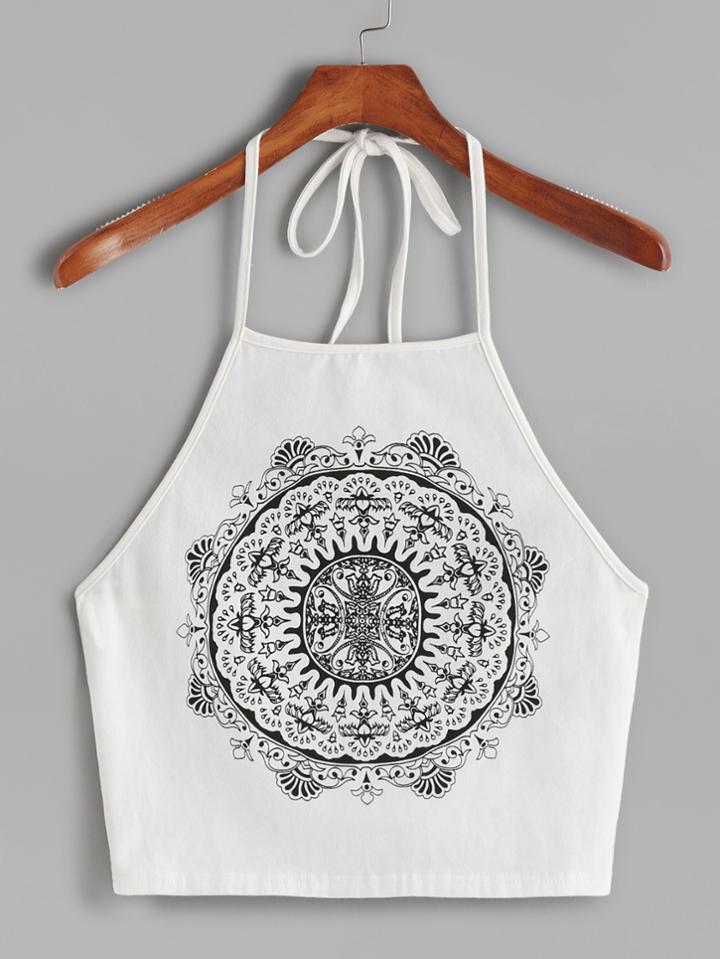 Shein White Vintage Circle Print Halter Neck Cami Top