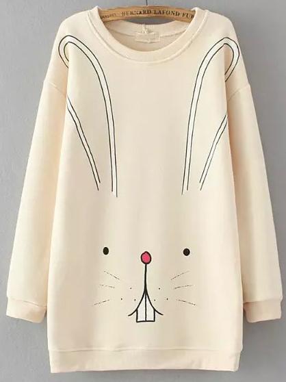 Shein Beige Round Neck Cartoon Rabbit Print Sweatshirt