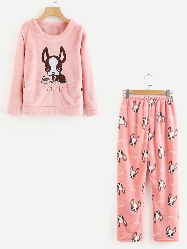 Shein Doge Print Top And Pants Pajama Set