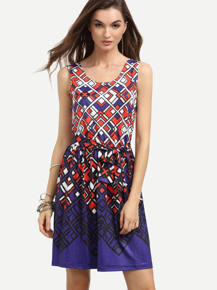 Shein Multicolor Geometric Print Self Tie Dress