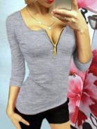 Shein Grey Scoop Neck Zipper Crop T-shirt