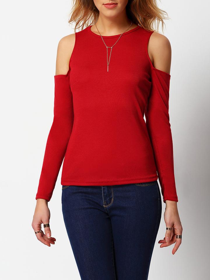 Shein Red Cold Shoulder Round Neck Slim T-shirt