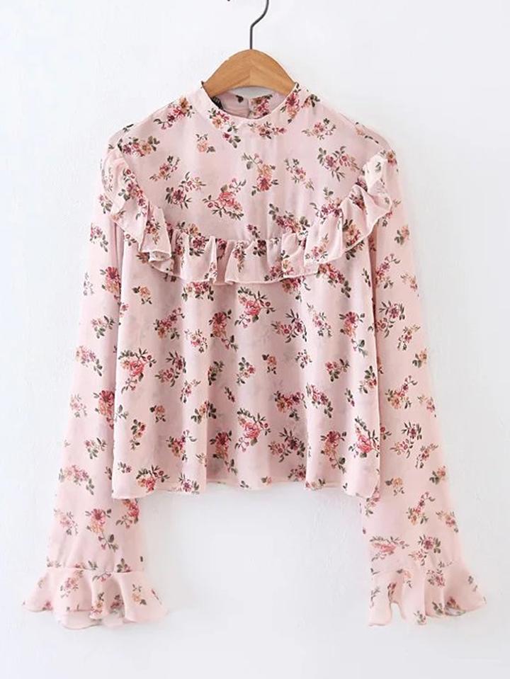 Shein Bell Sleeve Ruffle Trim Floral Blouse