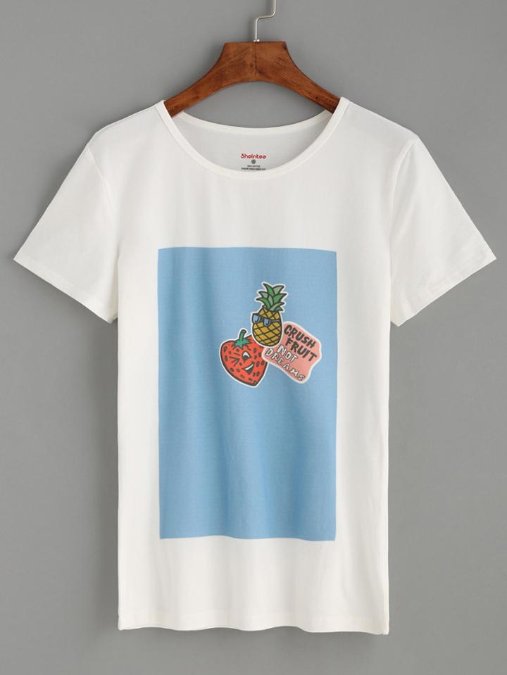 Shein White Fruit Print Colorblock T-shirt
