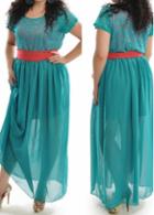 Rosewe Short Sleeve Belted Green Chiffon Dress