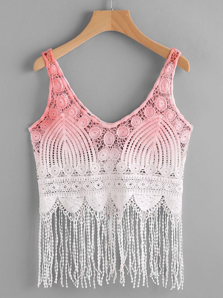 Shein Fringe Scallop Hem Ombre Crochet Tank Top