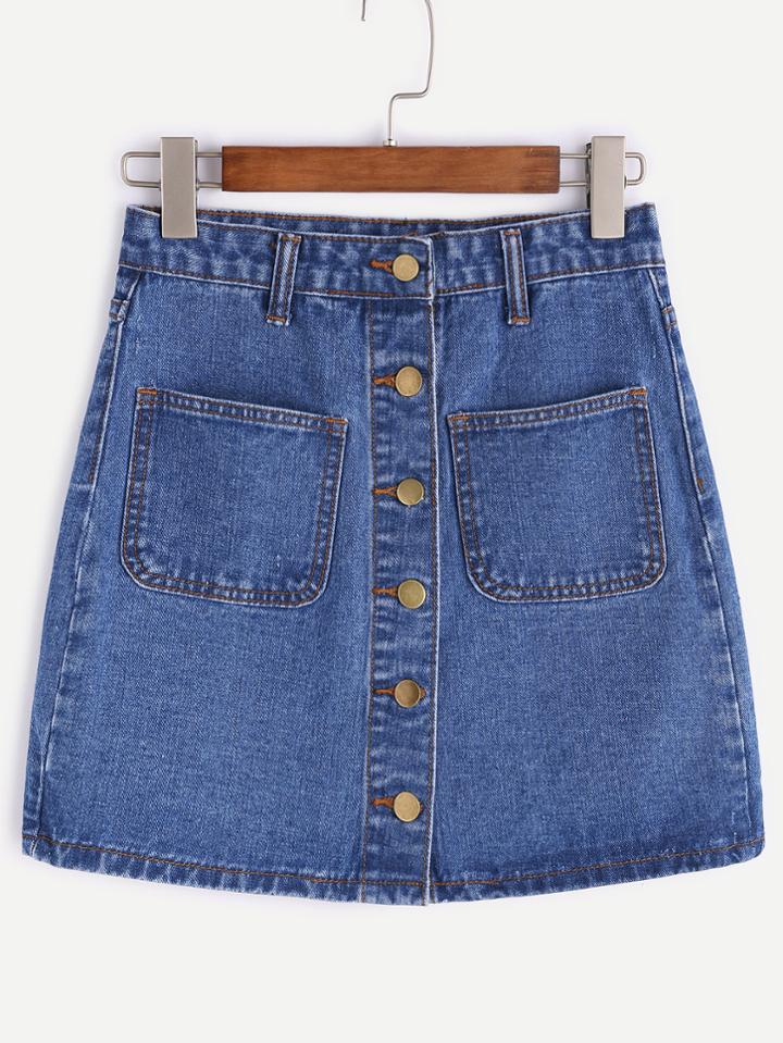 Shein Blue Single Breasted Dual Pockets Denim Skirt