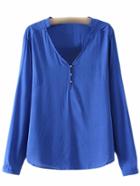 Shein Blue V Neck Buttons Long Sleeve Blouse