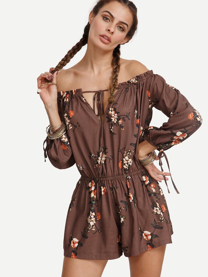 Shein Multicolor Floral Off The Shoulder Tie Cuff Jumpsuit