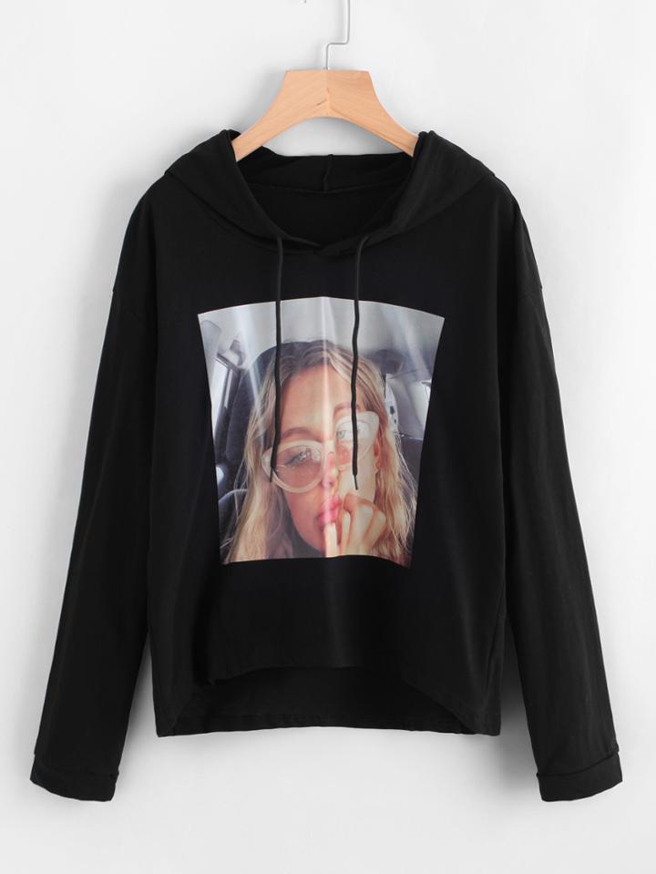 Shein Girl Print Dip Hem Hoodie
