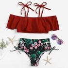 Shein Tie Side Random Floral Flounce Bikini Set