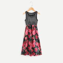 Shein Girls Rose Print Contrast Striped Dress