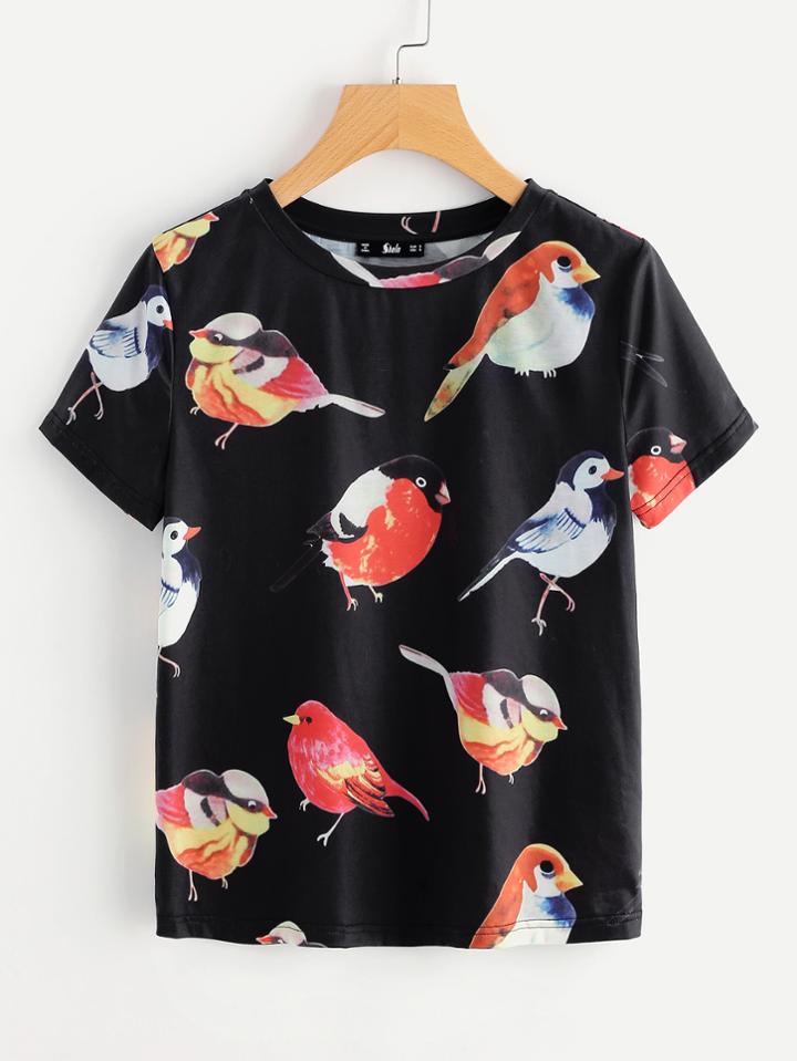 Shein Allover Birds Print Tee