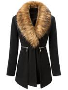 Shein Black Faux Fur Collar Zipper Coat