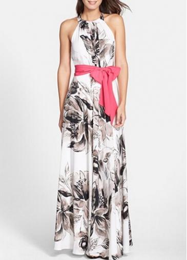 Rosewe Belt Design High Waist Printed Maxi Dress