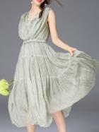 Shein Green V Neck Pleated Midi Lace Dress