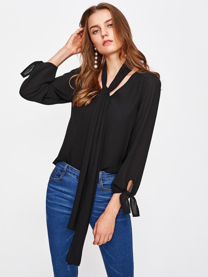 Shein V-neckline Tie Cuff Chiffon Top With Neck Tie