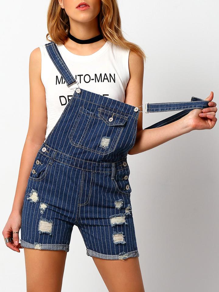 Shein Navy Strap Ripped Vertical Stripe Denim Jumpsuit