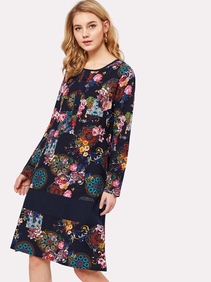 Shein Flower Print Button Front Dress