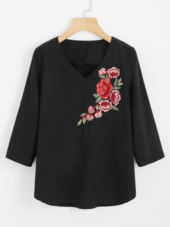 Shein V Neckline Rose Applique Blouse