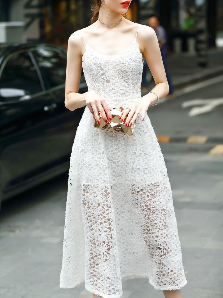 Shein White Spaghetti Strap Mesh Lace Dress