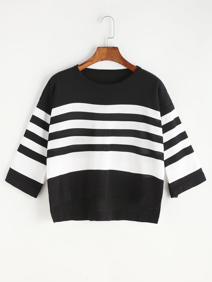 Shein Pinstripe Slit Side Dip Hem Knit T-shirt