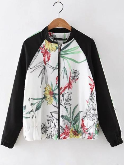 Shein White Elastic Cuff Floral Zipper Jacket